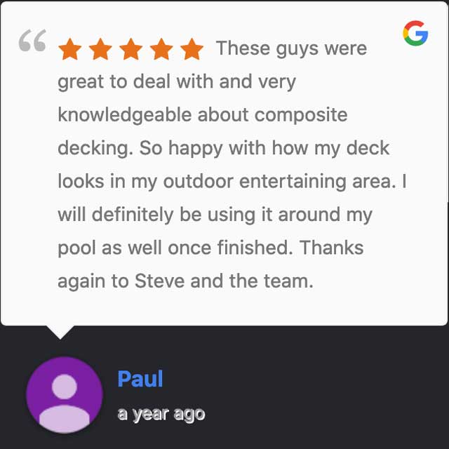 A five star google review for Brite Composite Decking from Paul