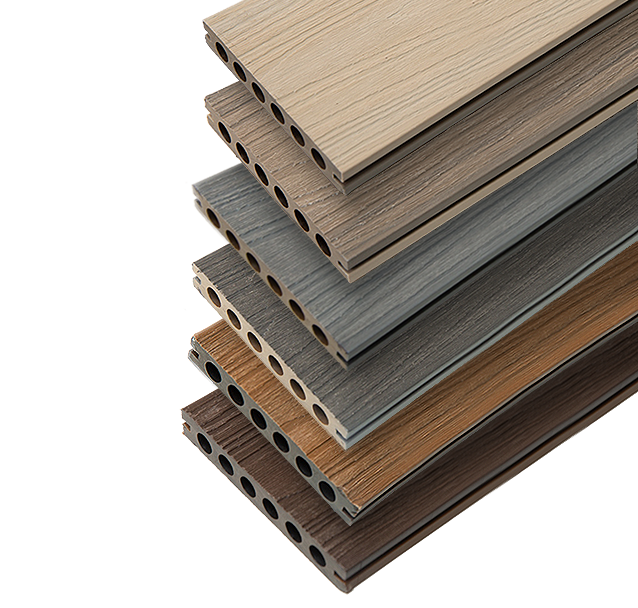 6 shades of composite decking boards stacked on top of each other, from light to dark