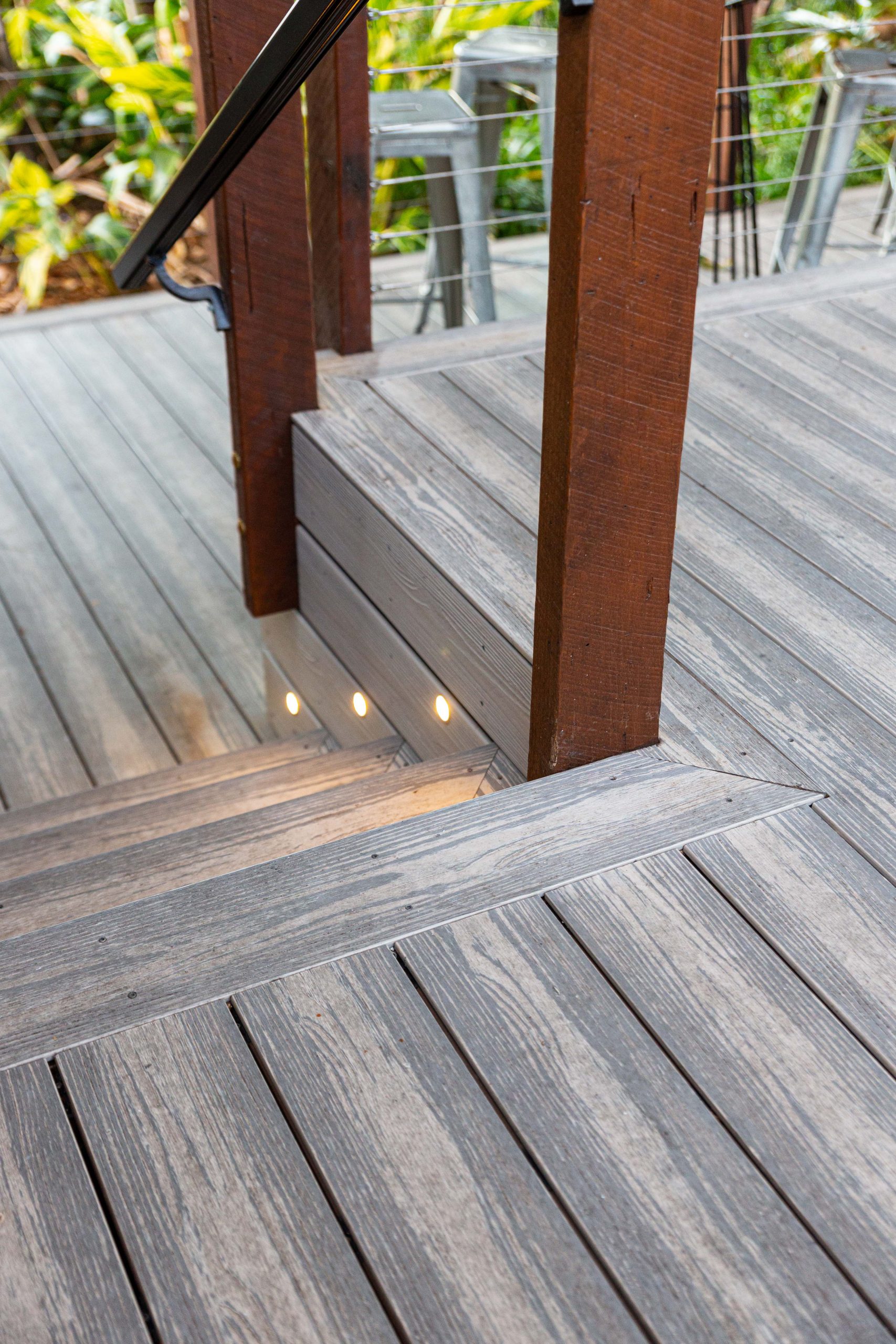 A close up of Brite composite decking stairs