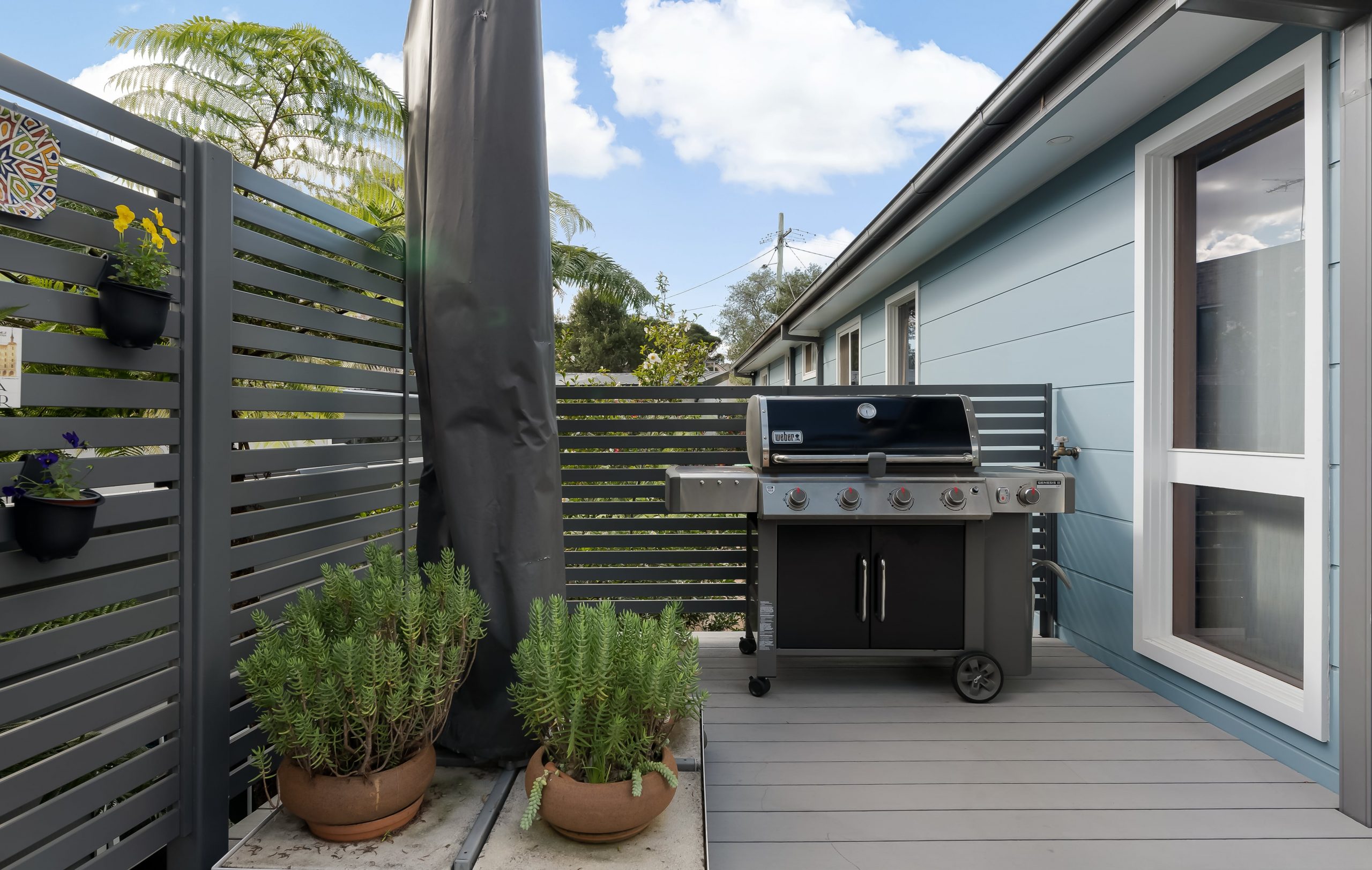 Mountain Ash composite decking boards with a grill and plants on top