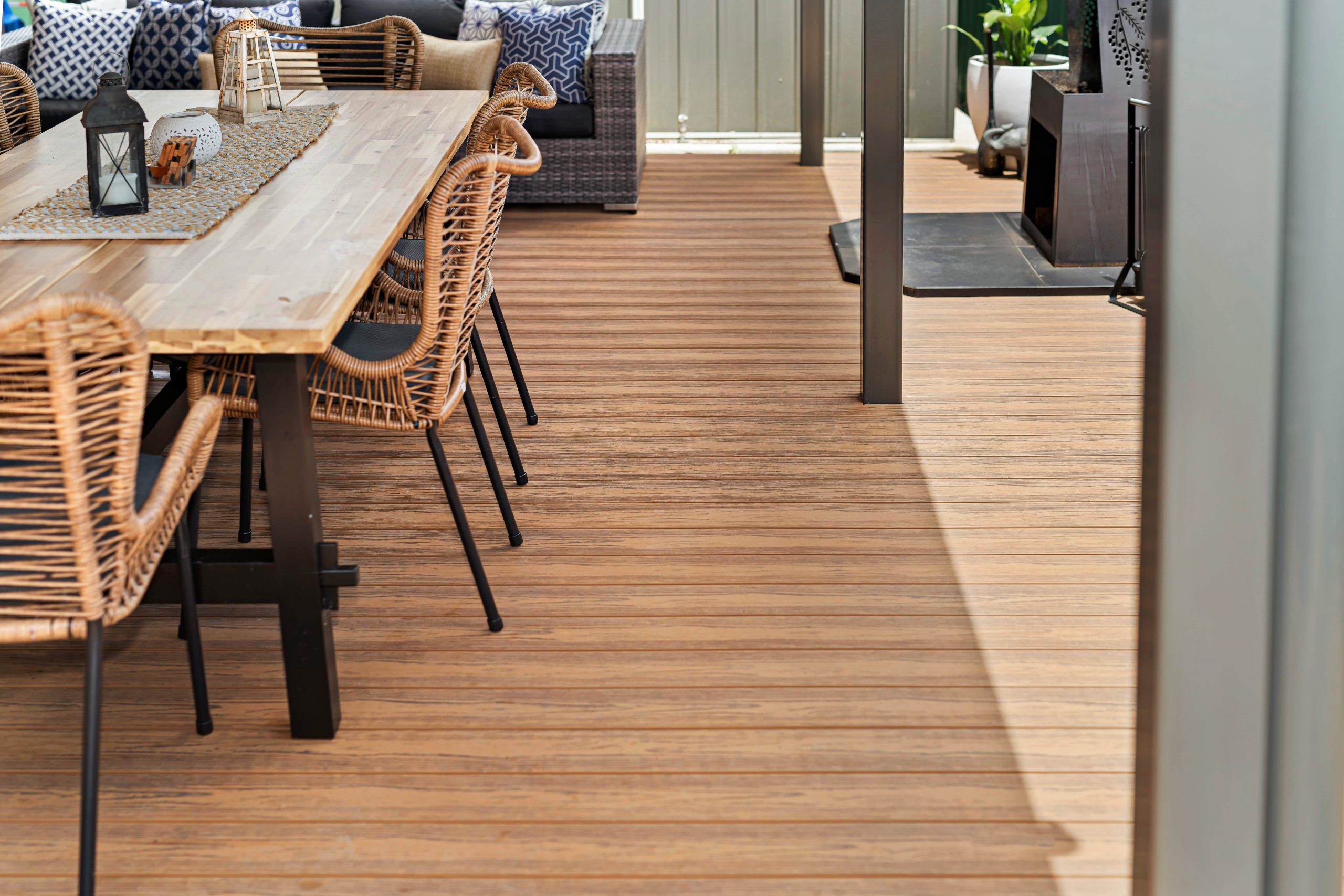 Light brown Brite composite decking boards with a patio table