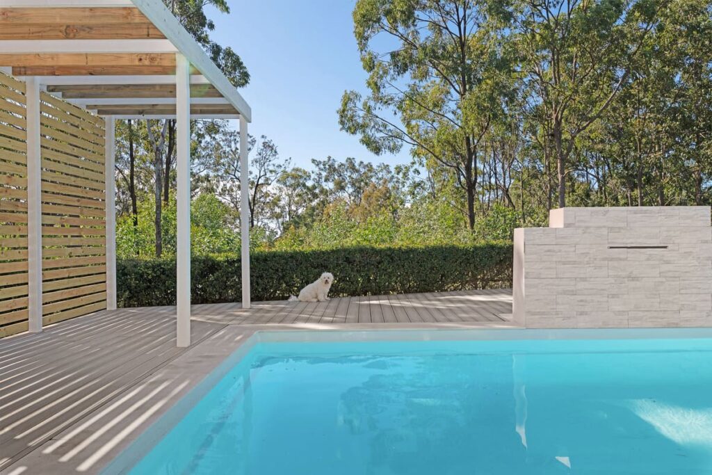 a dog sitting by a composite deck pool