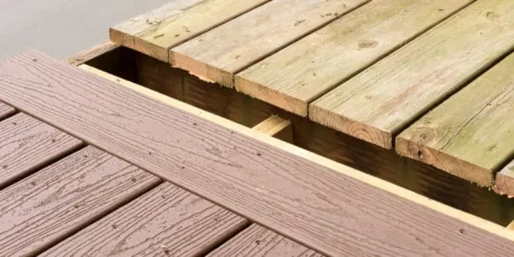 Close-up comparison of composite decking and timber decking, showing the difference in colour, texture, and durability of each material.