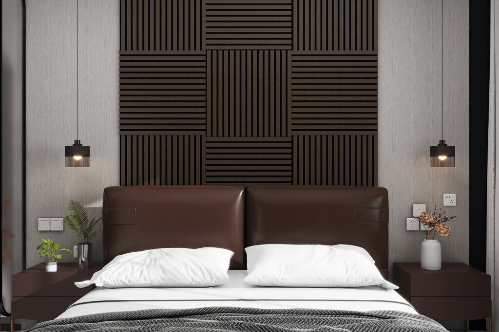 an image of a bedroom with an MDF acoustic wall panel installed on the head board