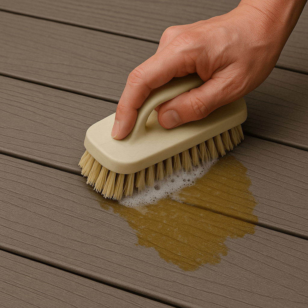 Hand scrubbing a yellowish dog pee stain on gray composite decking with a soft-bristled brush and soapy water, highlighting the textured surface.