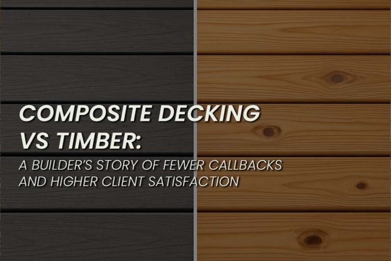 Side-by-side image of composite decking (left) and timber decking (right), with overlay text that reads: "Composite Decking vs Timber: A Builder’s Story of Fewer Callbacks and Higher Client Satisfaction." The composite side is dark grey with fine texture, while the timber side shows warm, natural wood grain.