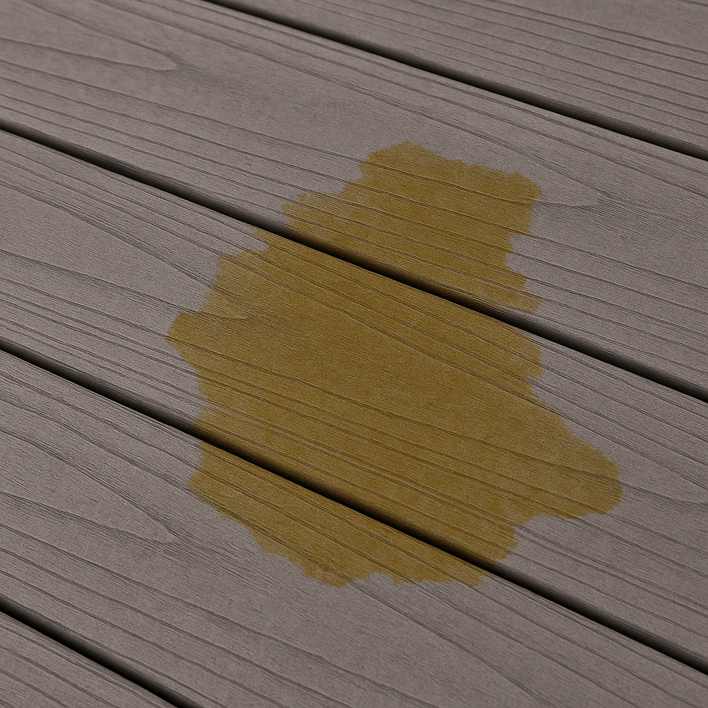 Close-up view of a yellowish dog pee stain on gray composite decking, highlighting the wood-like texture and narrow gaps between the planks