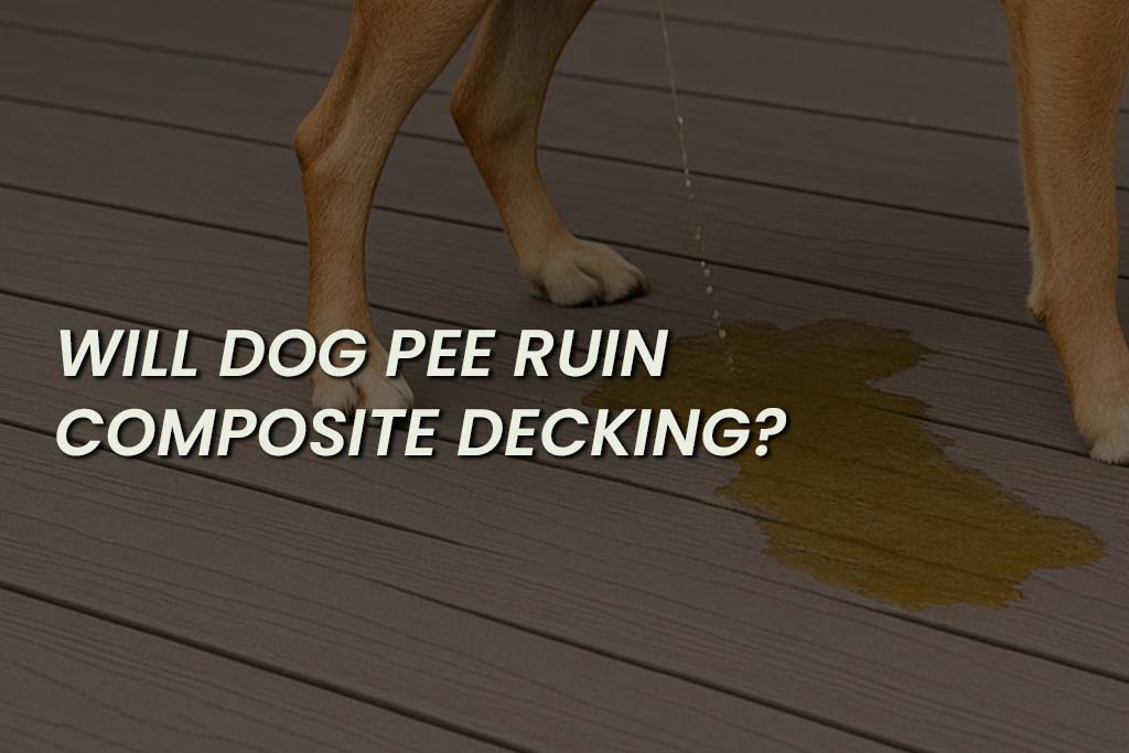 A dog urinating on gray composite decking with a puddle forming, overlaid with bold text that reads 'Will dog pee ruin composite decking?