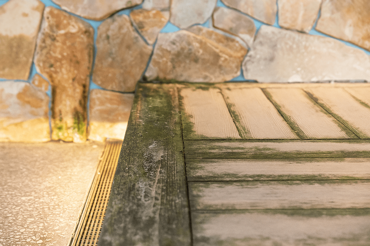Close-up of composite decking with visible green mould patches near a stone wall, highlighting the effects of moisture on outdoor surfaces.