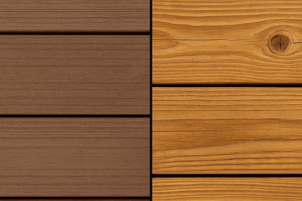 Side-by-side comparison of composite decking and timber decking. The left side shows smooth, uniform brown composite boards with fine woodgrain texture, while the right side displays natural timber planks in a honey tone, featuring visible knots, grain patterns, and slight imperfections. A black vertical line divides the two materials.