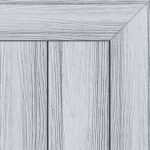 Composite decking board in Smoke White finish, showcasing a light grey tone with natural wood grain pattern and a square framed corner detail