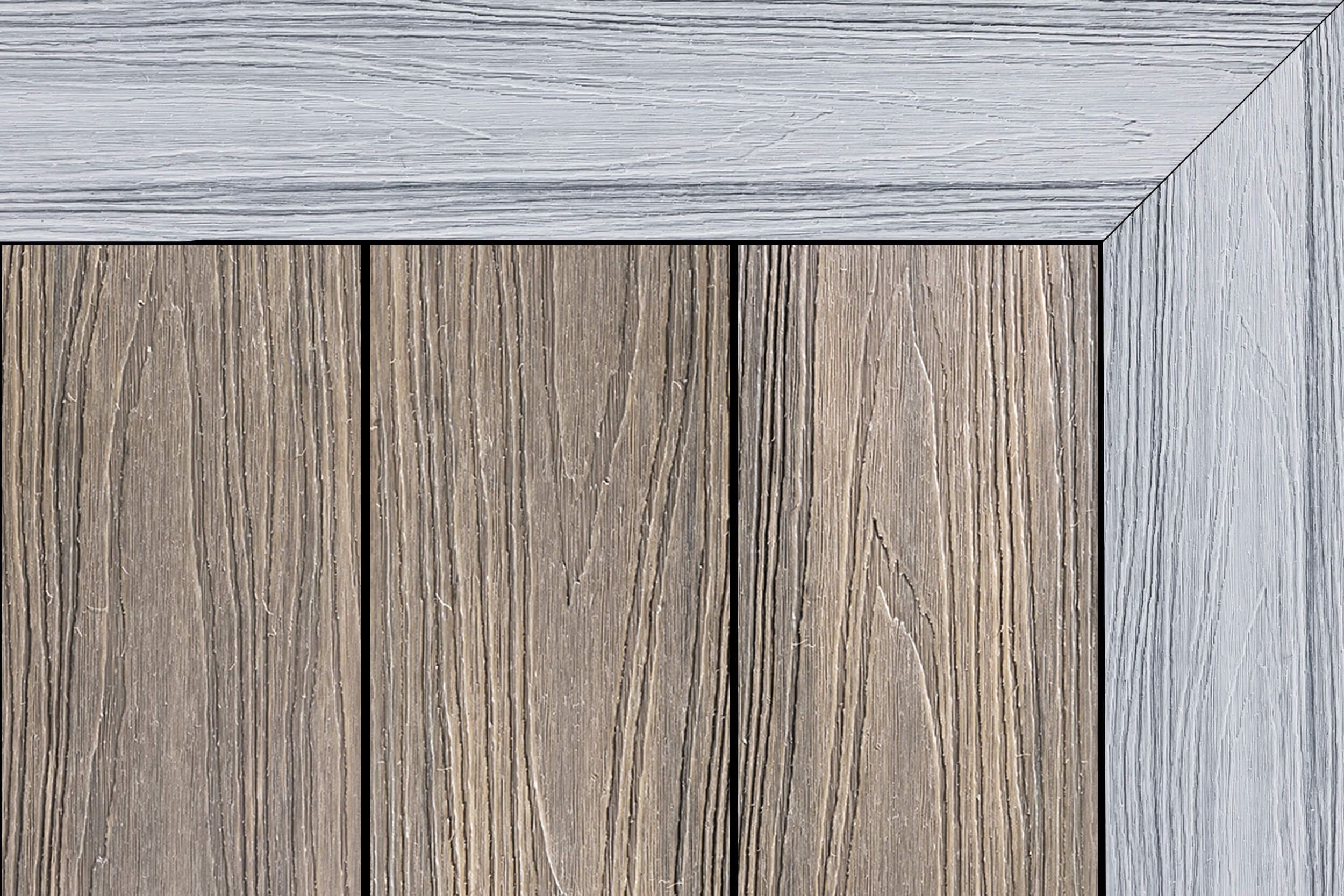 Two-tone composite decking: weathered taupe centre boards with a light smoke-white grey mitered picture-frame border (three vertical boards).