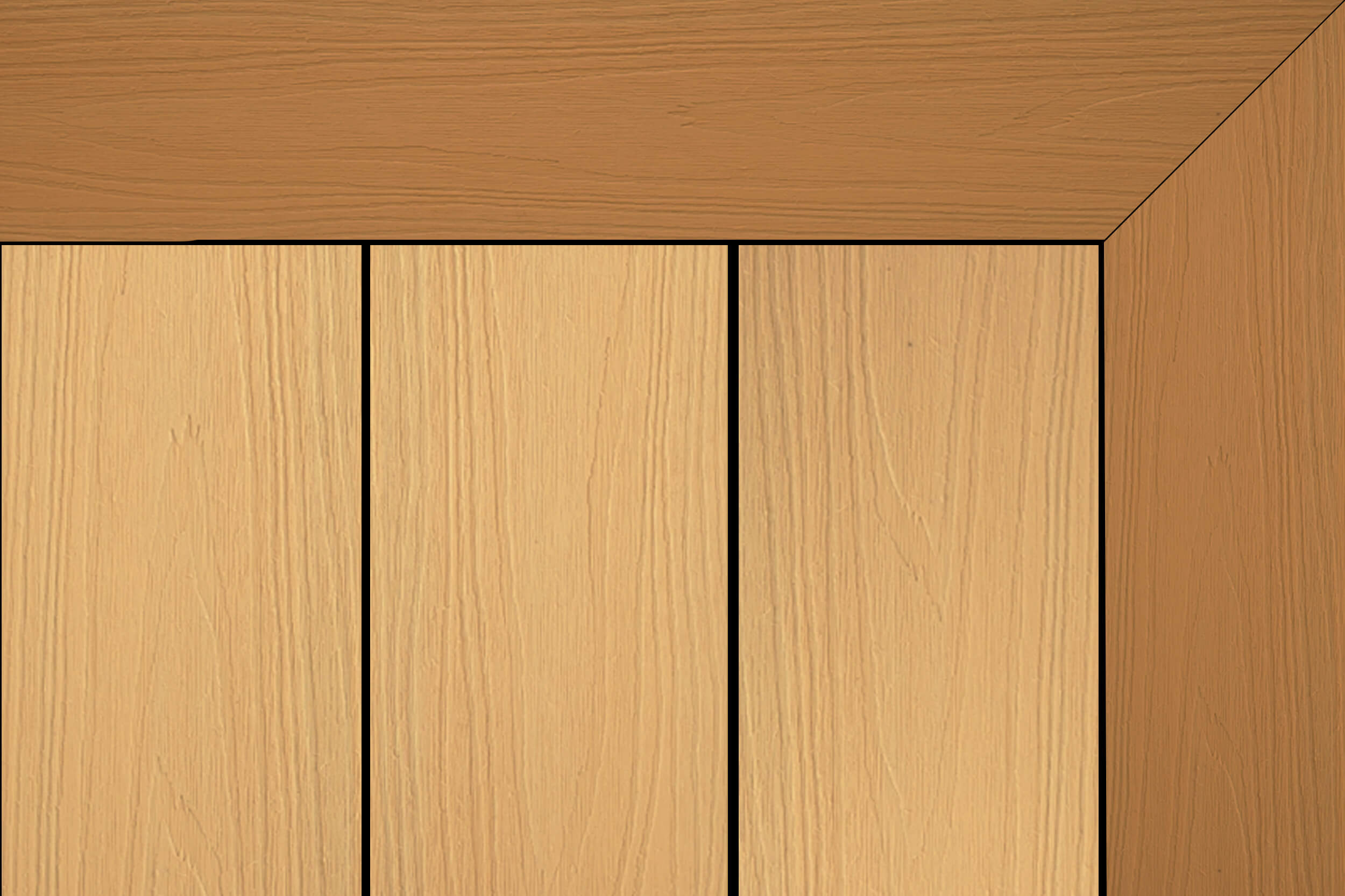 Two-tone composite decking: pale Aussie oak (honey beige) centre boards framed by reddish Aussie redwood in a mitered picture-frame (three vertical boards).