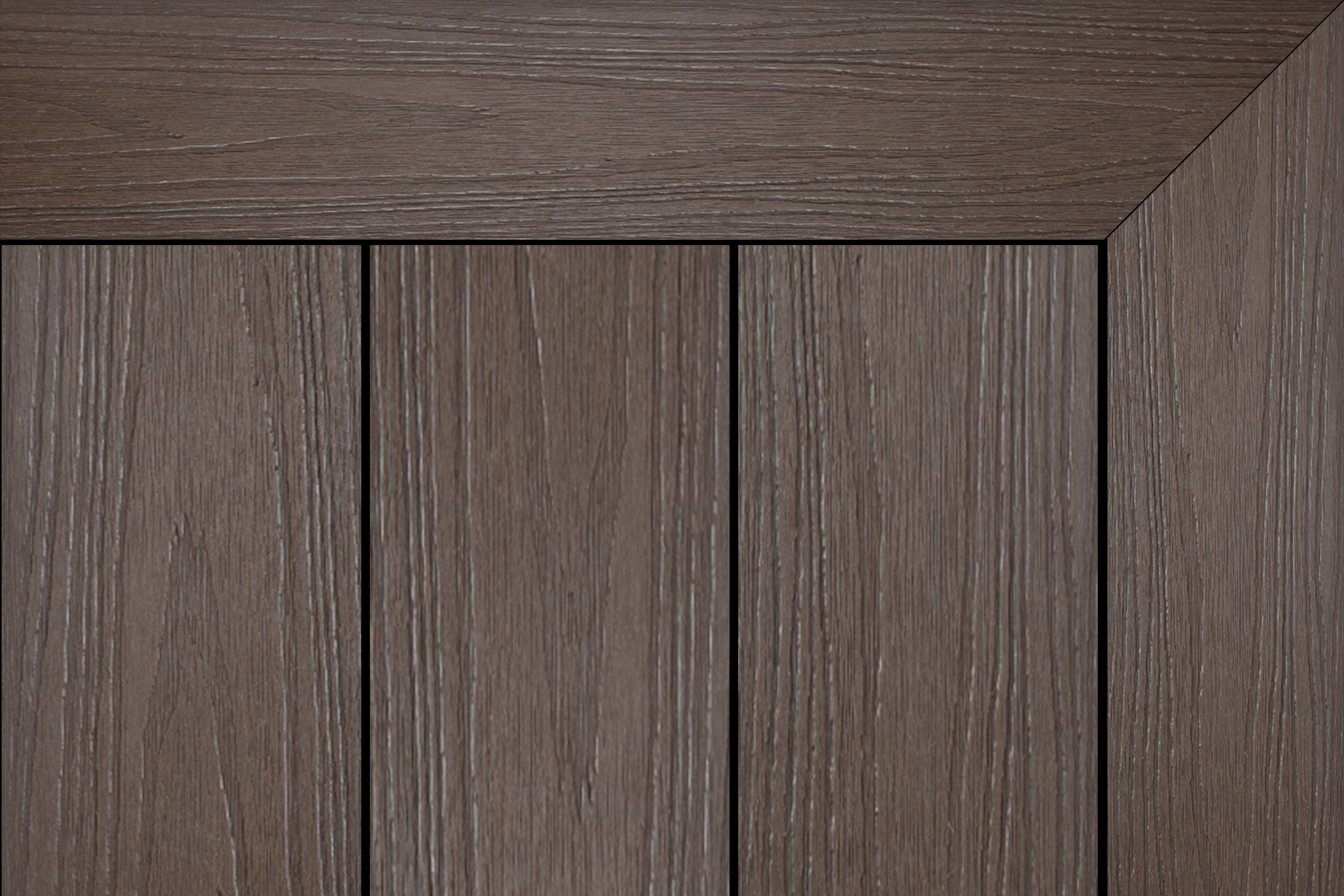 Dark brown wood-look composite decking with realistic grain and a mitered picture-frame border around three vertical boards.