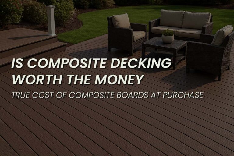 Outdoor seating area with wicker furniture on a brown composite decking patio. Text overlay reads: 'Is composite decking worth the money? True cost of composite boards at purchase.