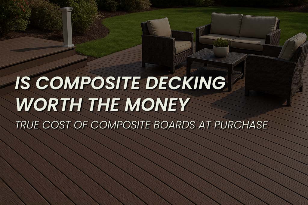 Outdoor seating area with wicker furniture on a brown composite decking patio. Text overlay reads: 'Is composite decking worth the money? True cost of composite boards at purchase.