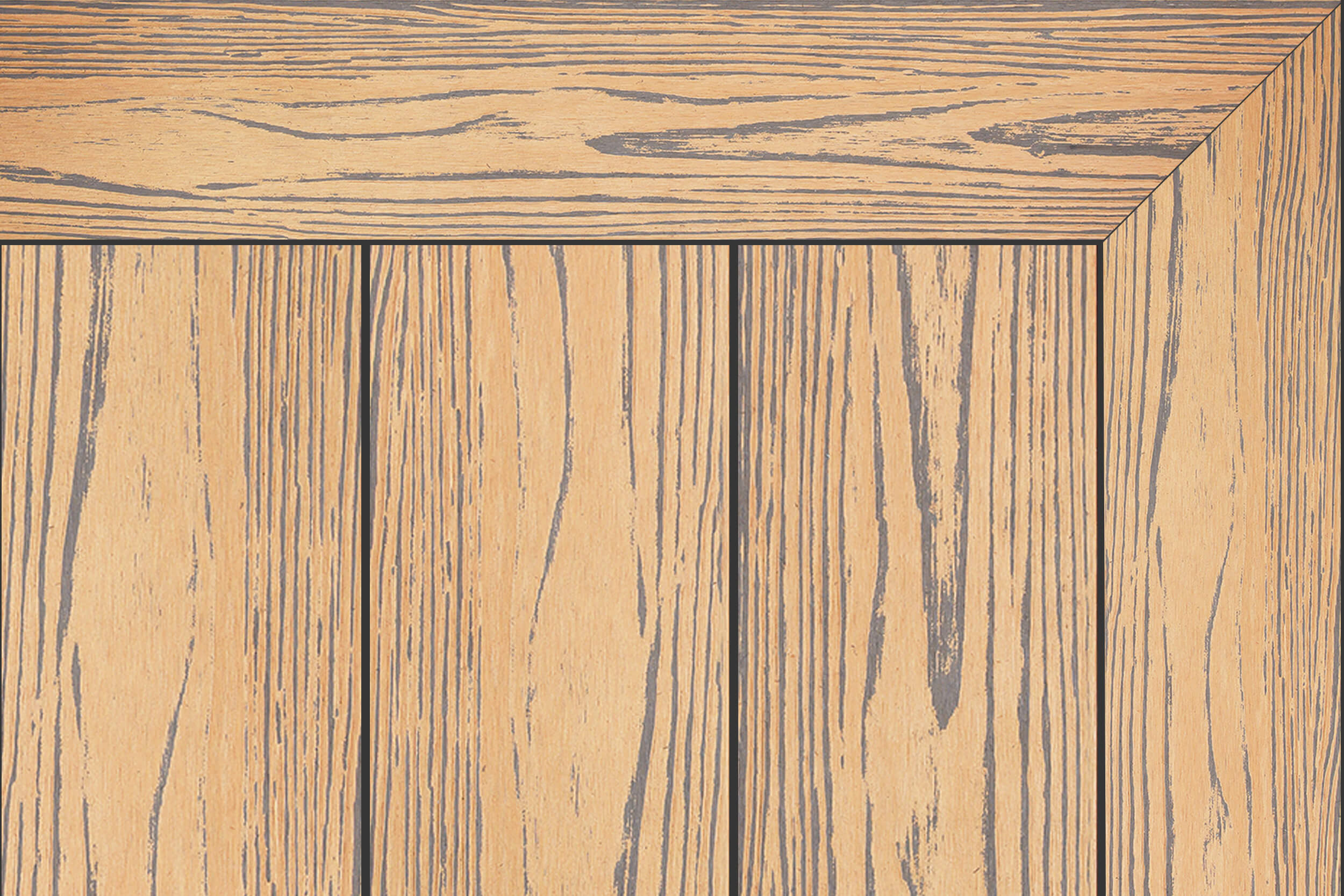 Merbau-look two-tone brown decking with bold charcoal streaks and a mitered picture-frame border around three vertical boards.