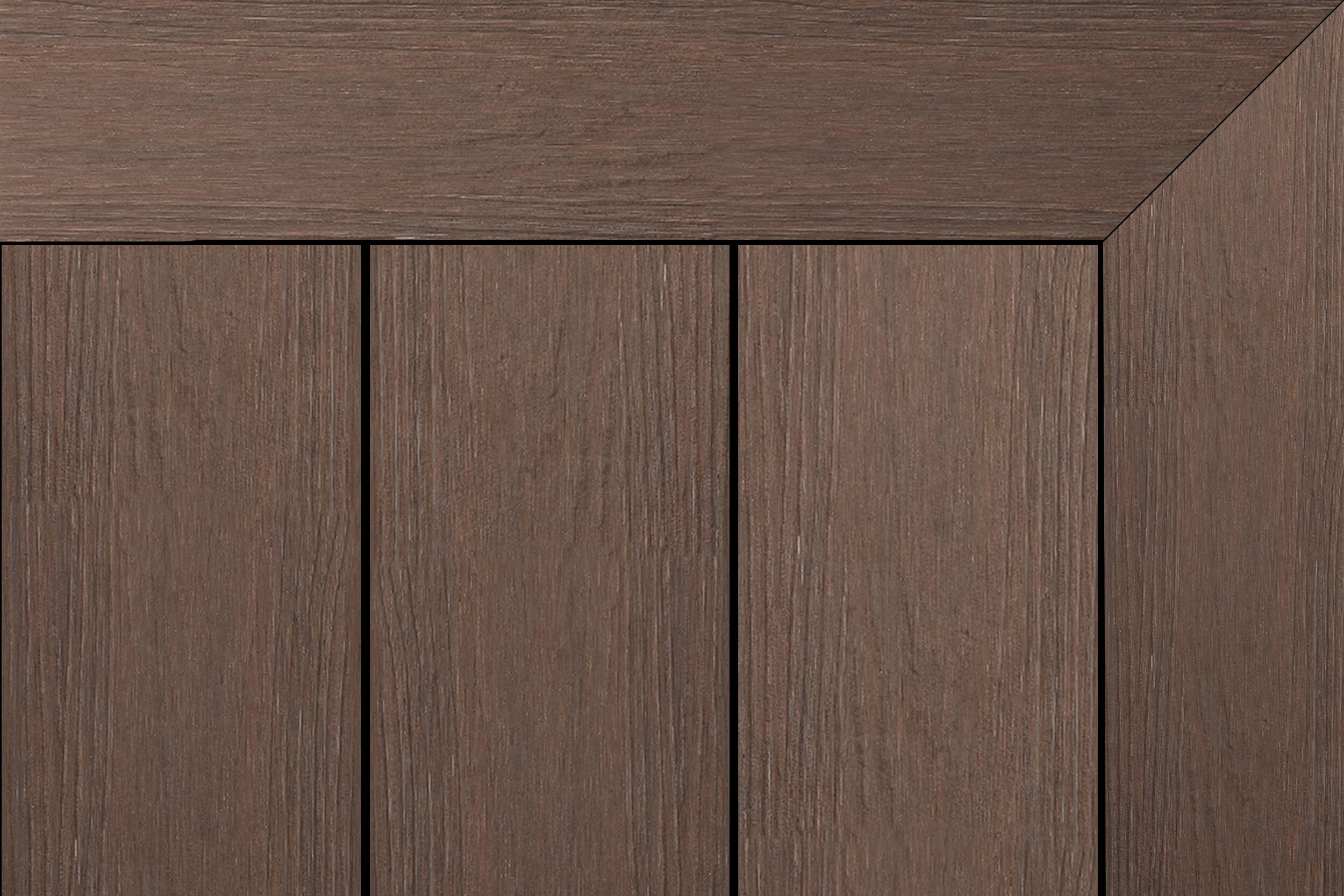Pecan brown composite decking with gentle woodgrain and a mitered picture-frame border around three vertical boards.