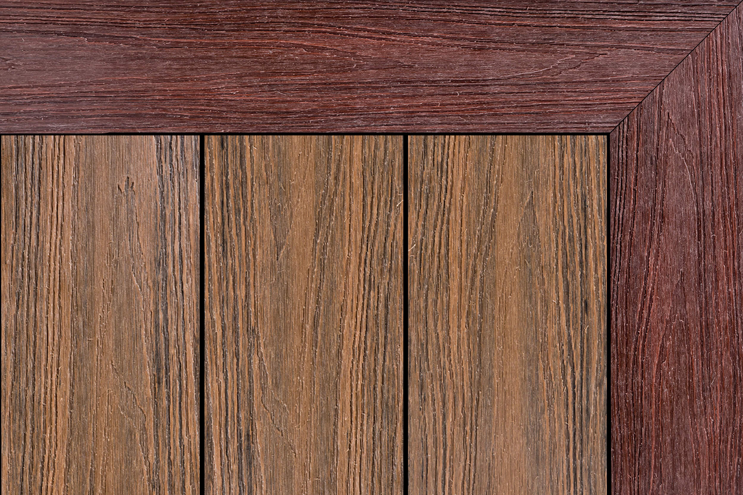 Two-tone composite decking: warm spotted-gum brown centre boards framed by rich merbau red-brown in a mitered picture-frame (three vertical boards).