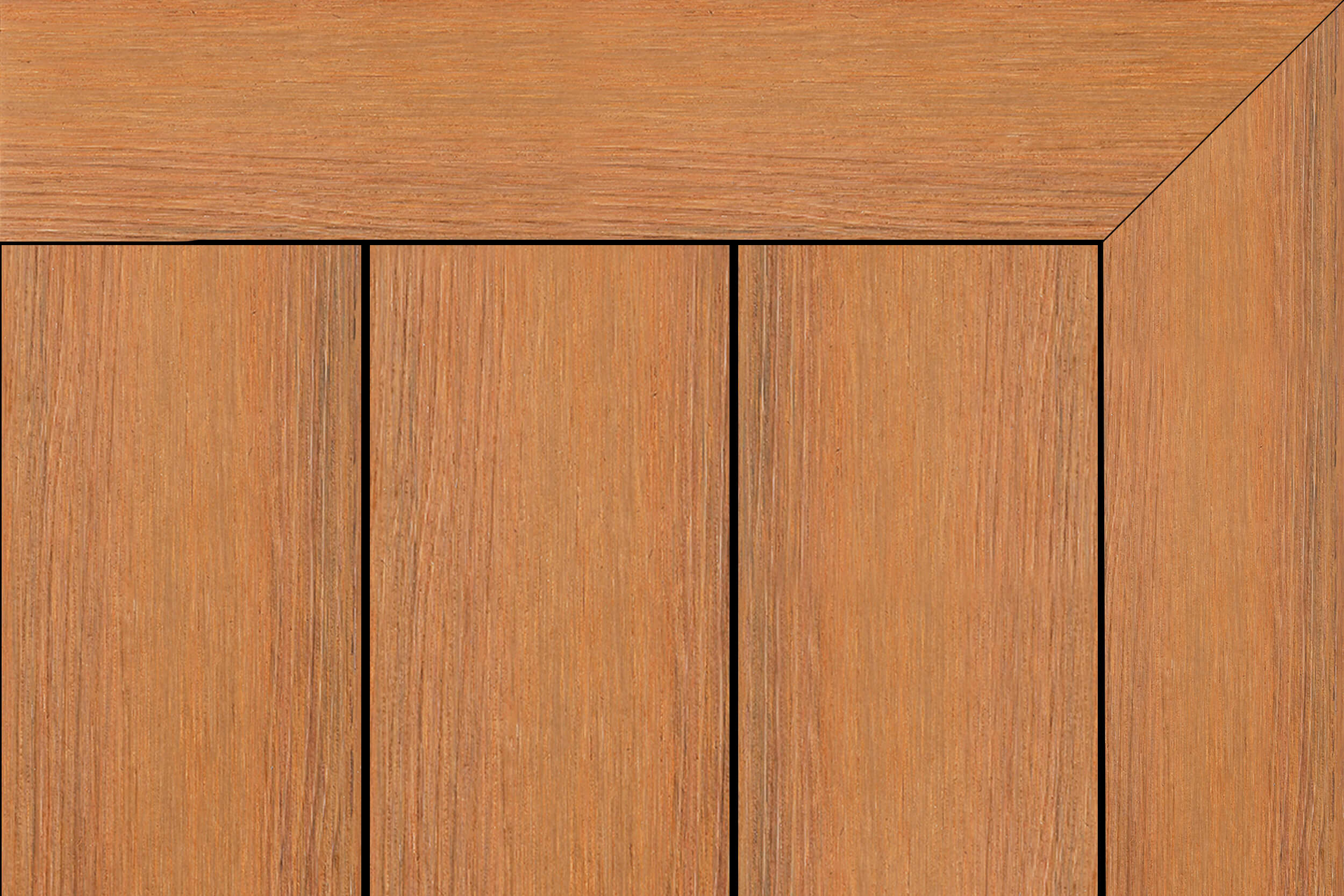Warm tawny caramel composite decking with fine linear grain and a mitered picture-frame border around three vertical boards.