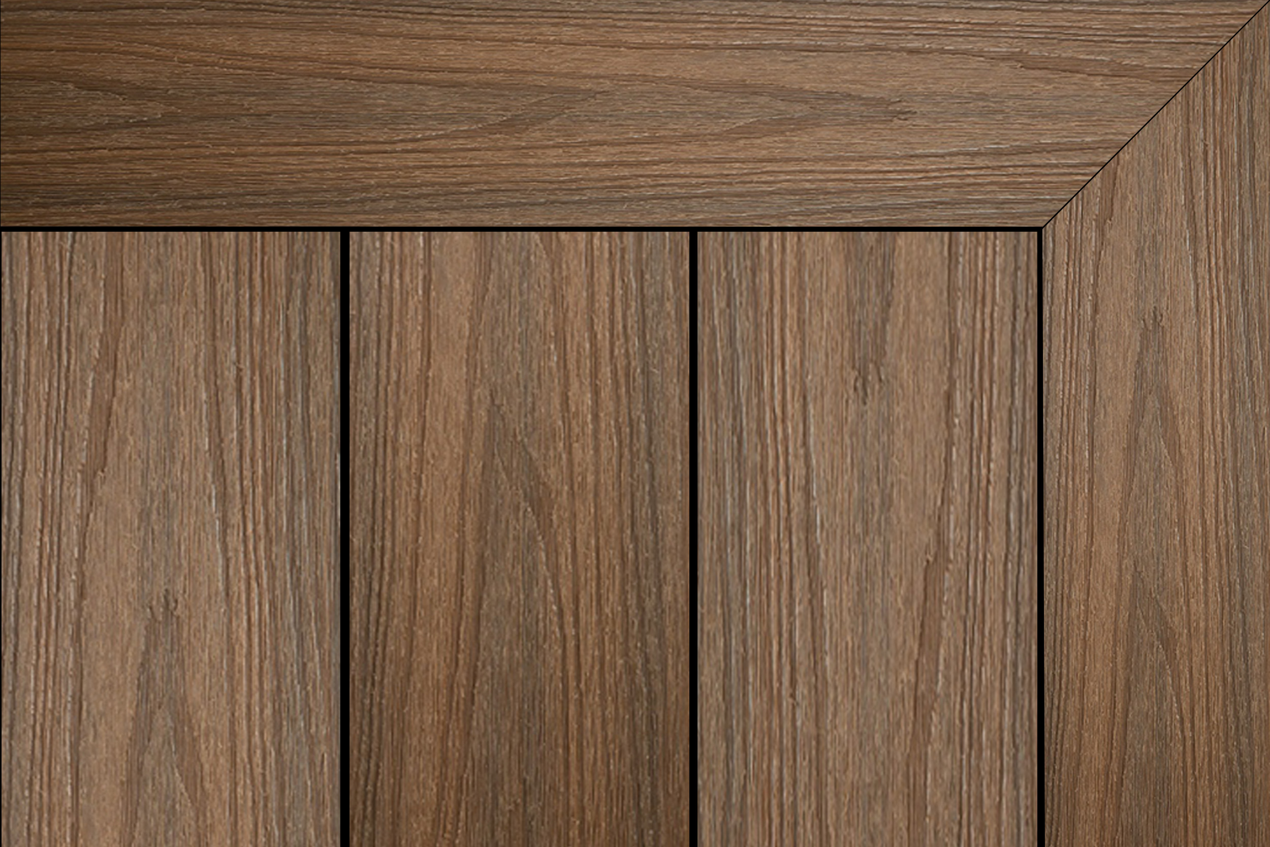 Warm teak-brown composite decking with realistic woodgrain and a mitered picture-frame border around three vertical boards.