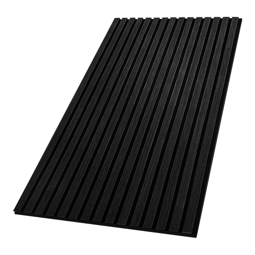 MDF acoustic panel in Raven Black, angled view of slim vertical slats for modern sound absorption.