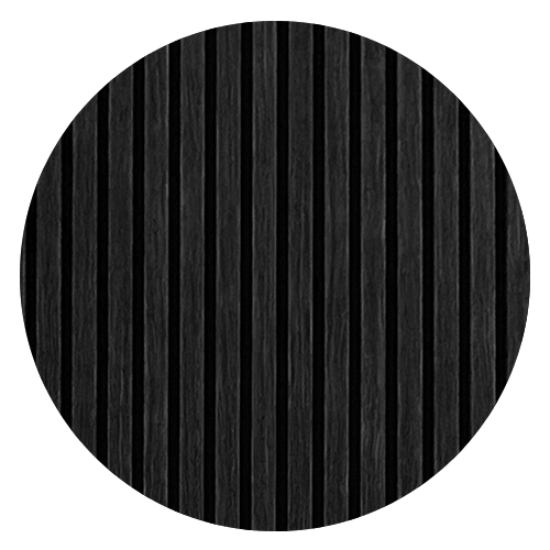 MDF acoustic panel swatch in Raven Black, circular sample highlighting vertical slat profile.