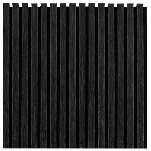 MDF acoustic panel, Raven Black front view with evenly spaced vertical slats for decorative acoustic control.