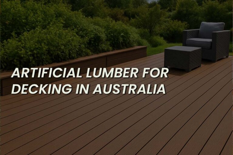 Composite decking made from artificial lumber featuring brown wood-look planks, outdoor seating, and lush green garden surrounds, used as a banner image for an article titled “Artificial Lumber for Decking in Australia