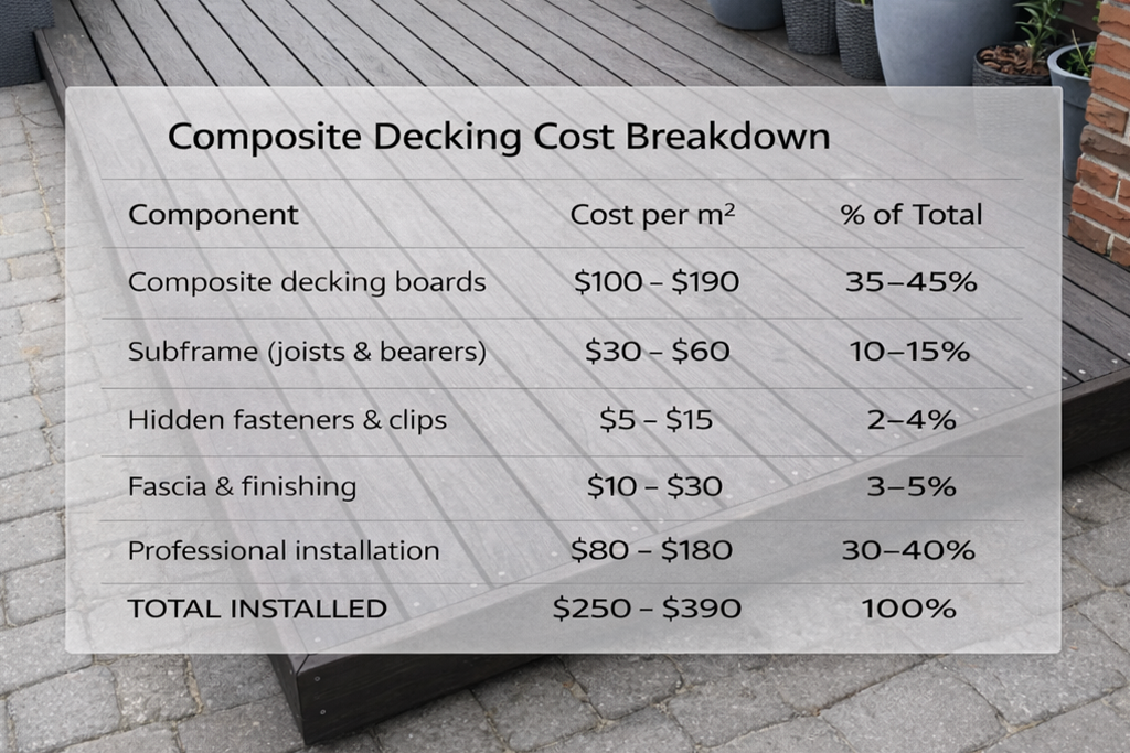Infographic showing Composite Decking cost breakdown per square metre, including boards, subframe, fasteners, installation, and total installed price.
