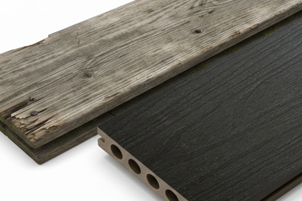 Blog Images Close up texture comparison Close-up comparison of weathered timber plank and Composite Decking board, highlighting wood grain texture and durable composite construction.