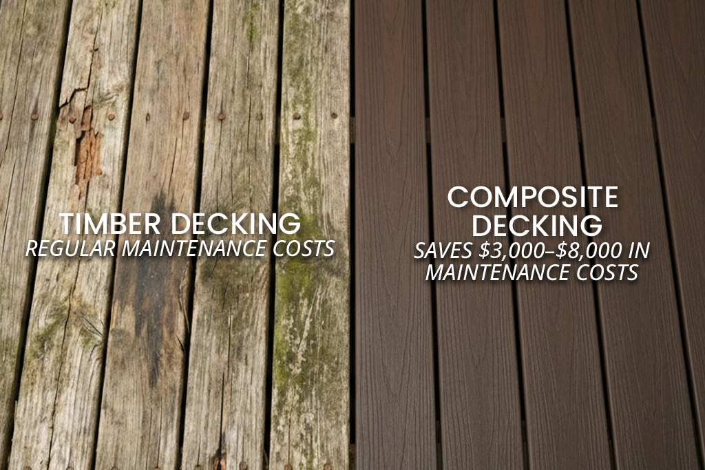 Side-by-side comparison of weathered timber boards and modern Composite Decking, highlighting lower maintenance costs and long-term savings with composite decking.