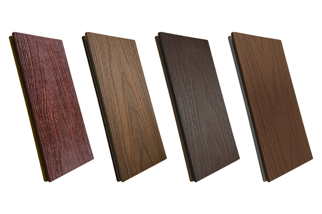 Four colour options of Composite Decking boards with realistic wood grain texture, showcasing durable timber-look alternatives in rich brown and natural tones.