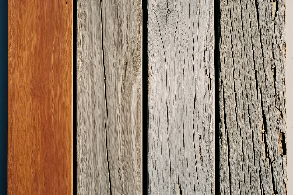 Progression of timber boards fading and cracking over time compared to smooth, colour-stable Composite Decking, highlighting superior durability and low maintenance performance.