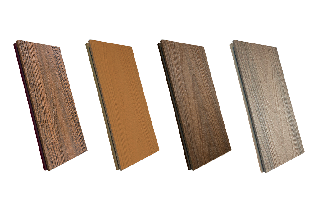 Blog Images Spotted Gum Alternatives Four Composite Decking boards in different timber-look colours and wood grain finishes, showcasing durable alternatives to natural spotted gum decking.