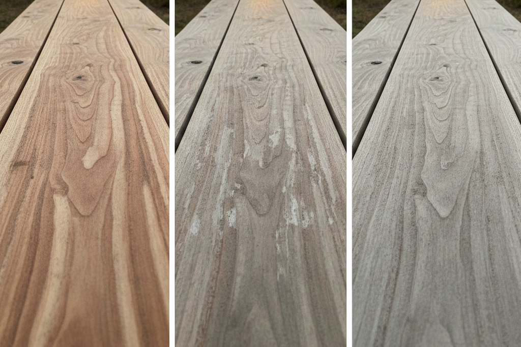 Blog Images Spotted Gum Progression Three-stage progression of timber decking fading and weathering over time, highlighting colour stability benefits of Composite Decking compared to natural wood.