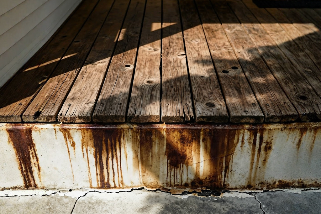 Weathered timber deck boards showing tannin bleed and rust stains on the concrete edge below, highlighting common issues avoided with low-maintenance Composite Decking.
