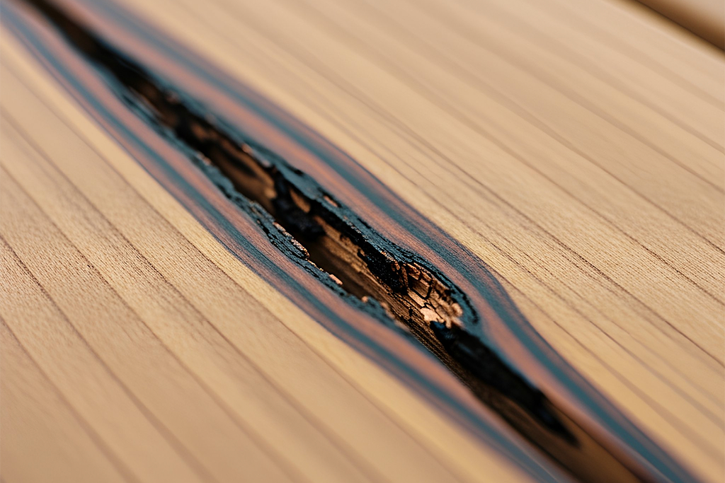 Blog Images Vein Close Up Close-up of natural timber with deep crack and exposed grain, highlighting durability advantages of low-maintenance Composite Decking over splitting wood boards.