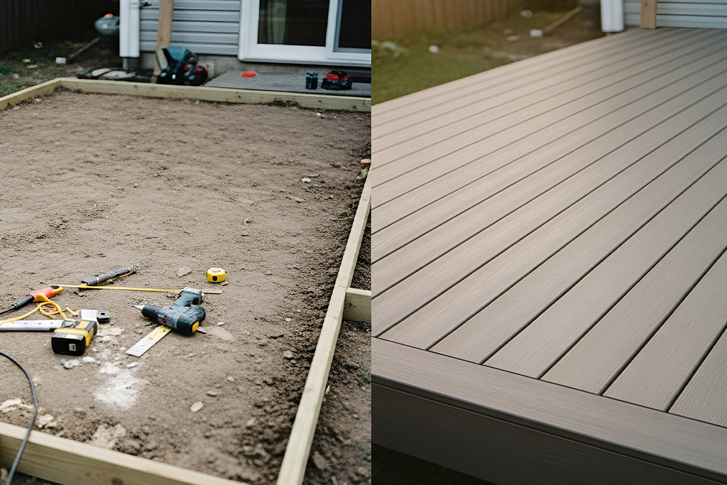 Blog Images before after DIY deck photos Before and after DIY Composite Decking project showing ground preparation with tools on the left and finished composite decking surface with clean edges on the right.