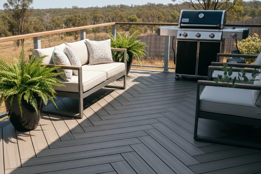 Blog Images completed weekend deck project Outdoor entertaining area featuring herringbone-style Composite Decking with modern lounge seating and barbecue, showcasing a completed composite decking project with a clean, low-maintenance finish.