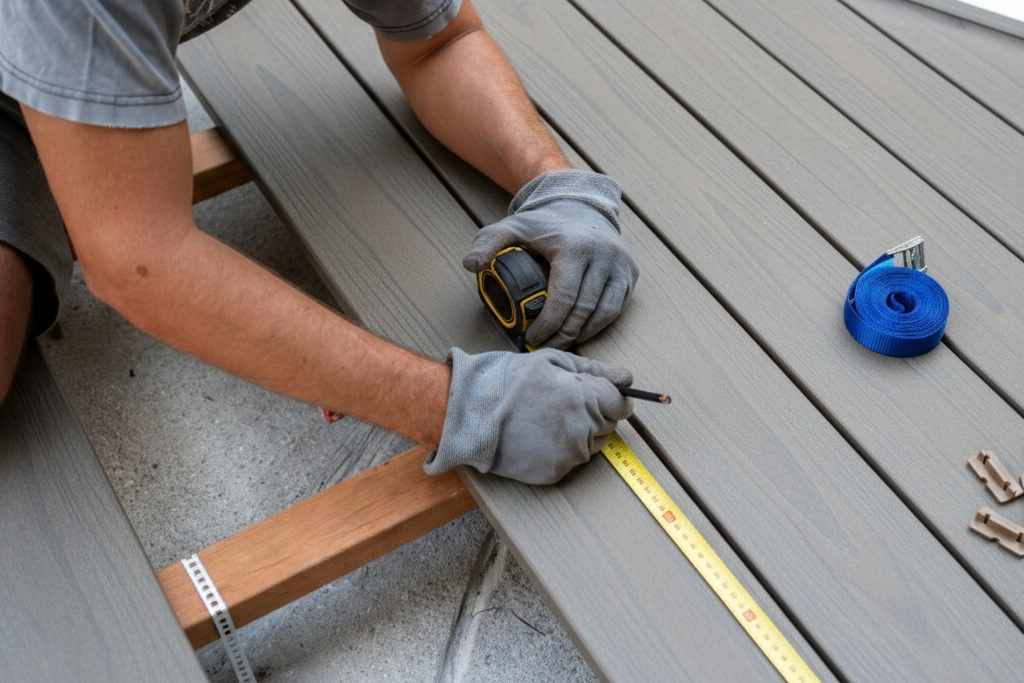 Installer measuring and marking Composite Decking boards during outdoor deck installation, showing grey composite planks fixed onto timber joists.