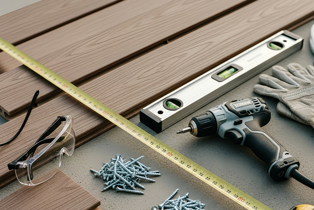 Blog Images tool flat lay Flat lay of Composite Decking boards with installation tools including drill, screws, spirit level, tape measure, safety glasses, and gloves, showing preparation for composite decking installation.