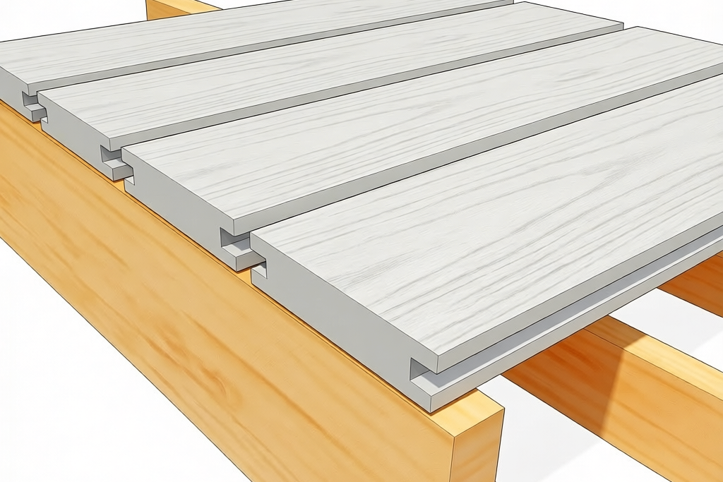 Close-up technical illustration of Composite Decking boards installed on timber joists with hidden fixing clips and proper spacing between boards.
