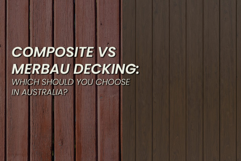 Composite decking vs merbau decking comparison banner showing two side-by-side deck boards in different wood tones with text overlay asking which to choose in Australia.