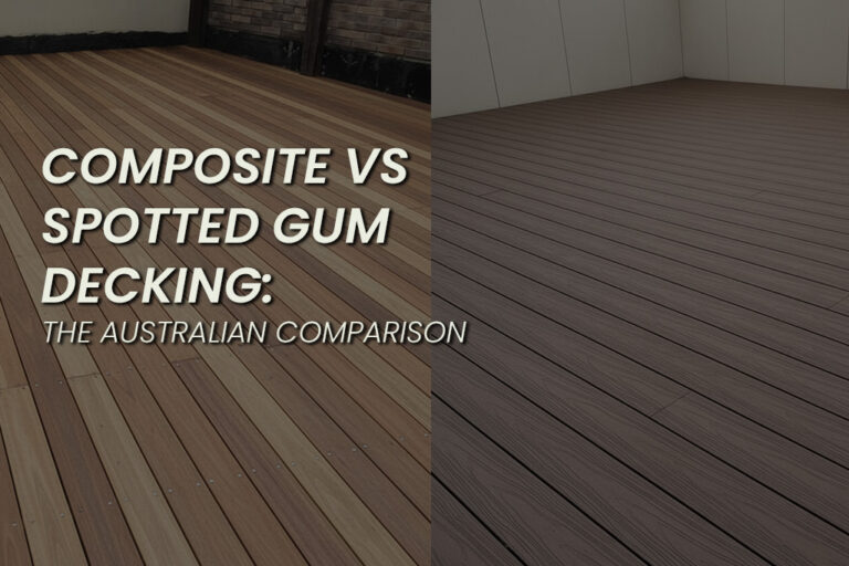 Side-by-side outdoor deck comparison of natural spotted gum timber and modern Composite Decking, highlighting differences in colour, grain texture, and overall finish.