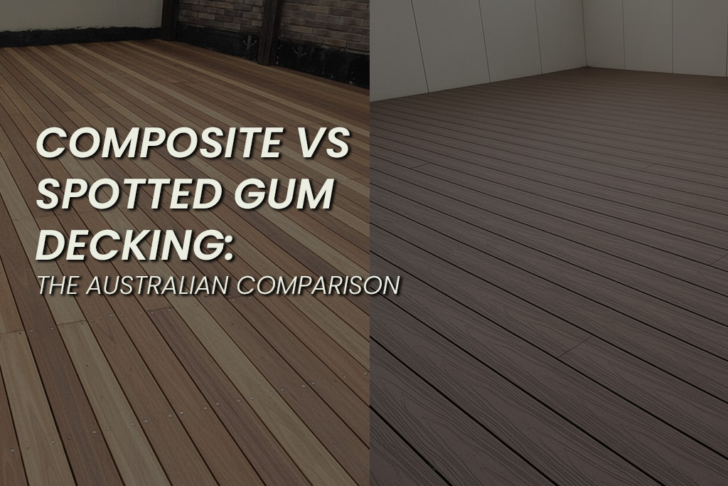 Side-by-side outdoor deck comparison of natural spotted gum timber and modern Composite Decking, highlighting differences in colour, grain texture, and overall finish.