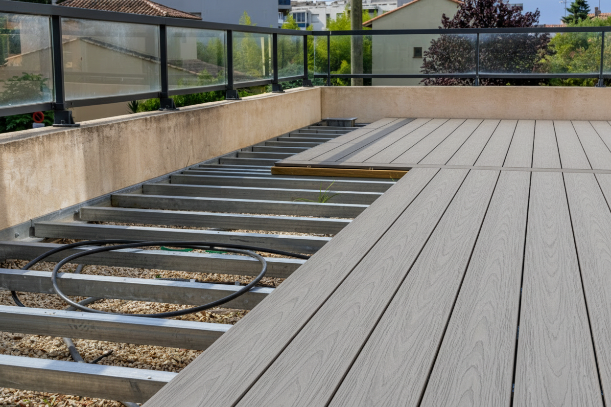 Balcony installation of Composite Decking boards fixed over a steel subframe, showing modern grey composite decking with concealed fixings and clean finish.