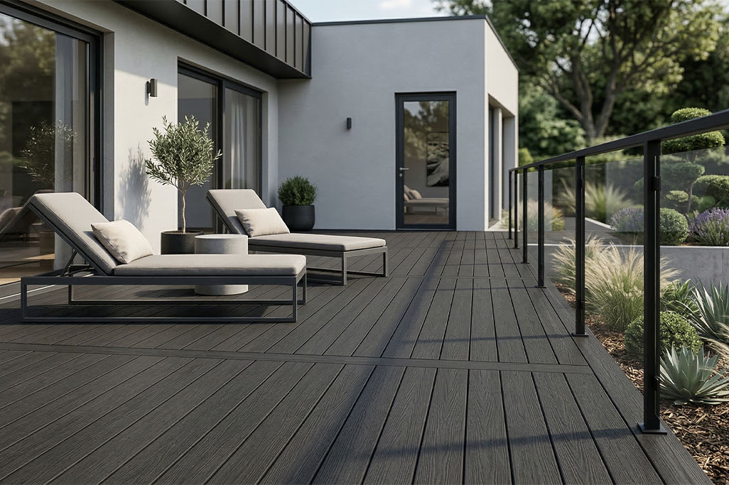 Dark grey composite decking on a modern outdoor terrace with sun loungers, glass railing, and landscaped garden views