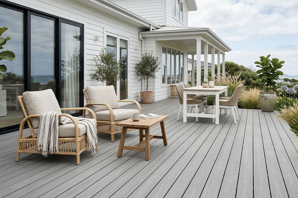 Grey composite decking on a modern coastal home patio with outdoor seating, dining area, and garden views