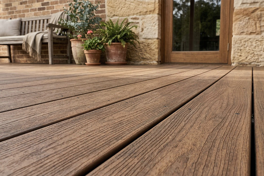 Brown composite decking on a cozy outdoor patio with wooden bench seating, potted plants, and stone wall exterior
